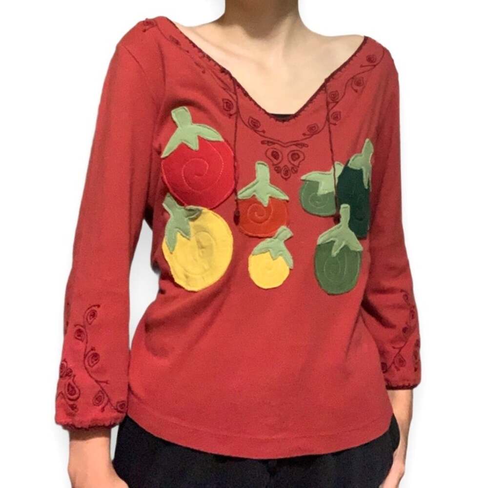 Vintage Y2K Banana Republic Tomato Patchwork Beaded Boho Shirt L